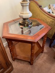 Vintage Side Table Hexagon - Glass Insert, Rattan Bottom Shelf