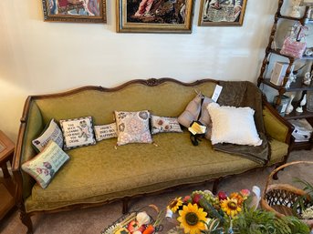 Vintage Stacey House Sofa - Carved Wood Frame , Green Upholstered