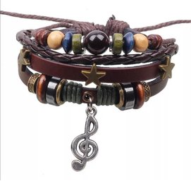 Adjustable Leather Beaded With Music Note Bracelet