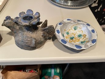 Hand Made Lidded Chicken Bowl Candle Holder Pottery