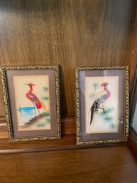 2 Vintage MCM Bird Artwork Miniatures, Framed