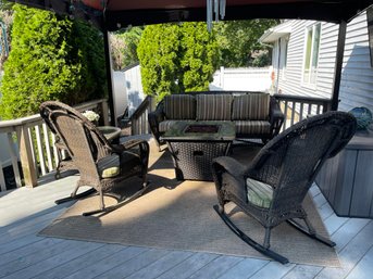 Rattan Patio Lounge Set - Sofa , 2 Rocking Chairs, Coffee Table, Fire Pit