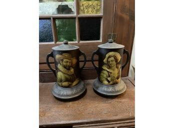 Matching Pair Antique Primrose Tea Poetry Tin Double Handle Urn He To Her A Hero Is..