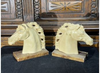 Matching Vintage Horse Head Book Ends Genuine Alibaster Hand Carved Made In Italy