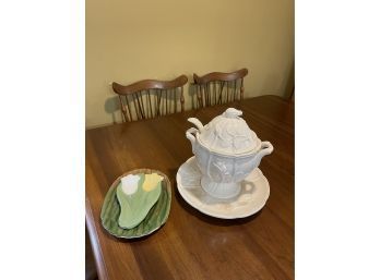 White Ruse Soup Tureen And Holland Platters