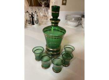 Antique Emerald Green Glass Decanter & Cup Set