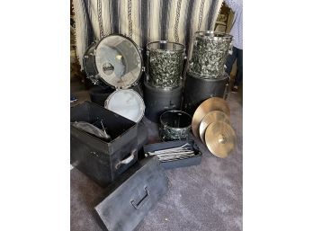 Rogers Drum Set In Black Diamond Pearl, Bronze Scimitar Cymbals, Cases, Huge Crate Of Stands , Evans & More