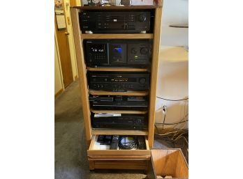 Component Rack, JVC 3 Disc DVD Player, Sony Compact Disc Player 300cd, Yamaha Receiver, Toshiba Recorder