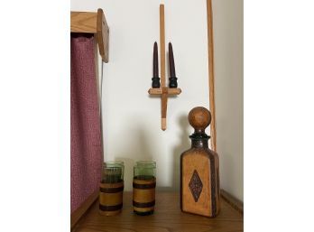 Vintage Decanter & Glass Set , Wood Wall Sconce