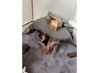 Handmade Coffee Table With Wood Slab & Tree Trunk