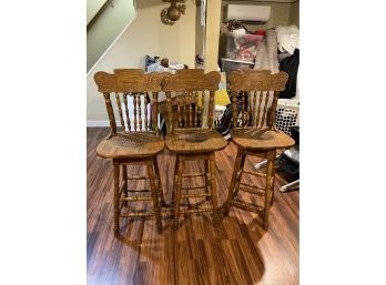 3 Carved Swivel Wood Bar Stools