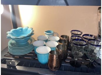 Blue Italian Pottery, Copper Cups, Wine Glasses