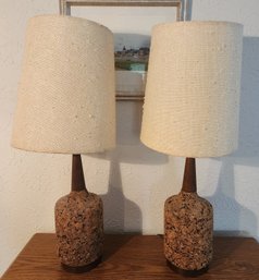 Pair Of MCM Cork & Wood Table Lamps