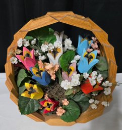 Vintage Mid-Century Wood Basket & Flowers