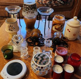 Lot Of Glass Candle Holders & Jar Candles