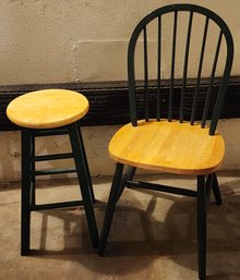 Green & Light Oak Colored Wooden Chair & Bar Stool