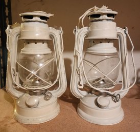Pair Of White Metal Oil Lamps