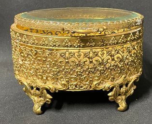 Vintage Gold Tone Trinket Box With Glass Top