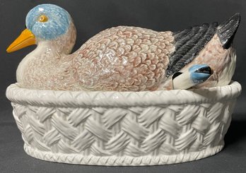 Ceramic Pinheiro Duck On A Basket Tureen
