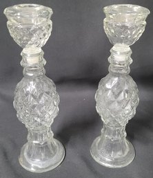 1980's Avon Diamond Pattern Clear Glass Candle Holders Pair