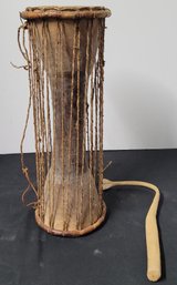 Vintage Tribal Animal Hide Covered Wooden Drum Rattles