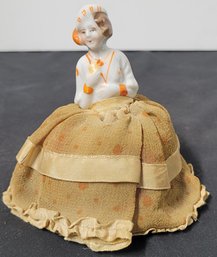 Orange Flapper Girl Porcelain Half Doll Vintage Vanity Pin Cushion