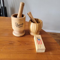 2 Wooden Mortar & Pestle Set Plus Dominos From Puerto Rico