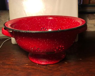 Enamel Red And White Speckled Strainer