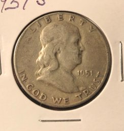 1951 S Ben Franklin Silver Half Dollar