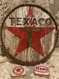 Vintage Looking Handmade Texaco Sign With Two Small Tins.