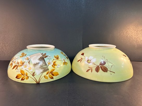 Two Antique Hand Painted Glass Shades