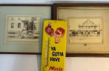 Two Great Moxie Photos & Ad Thermometer, Dole Pineapple