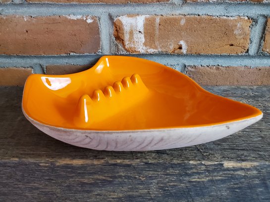 Mid Century MCM Orange Ceramic Ash Trey Signed USA