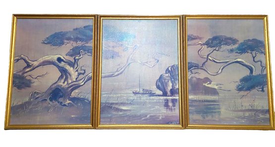 3  Oriental Ming Tree Print Vintage