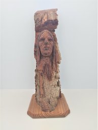 Wood Carving Western Bust Sculpture Art Native American Chief Signed