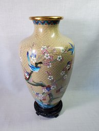 Brass Cloisonne Vase On Wooden Base