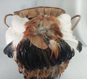 Native American Handmade Coco Bark Basket Covered W Fur Feathers Silver Medallion