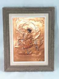 Wood Framed Copper Etching Native American On Horseback