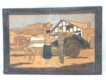 Signed Country Folk Art Handmade Wood Etched Art