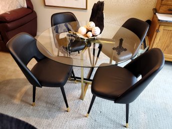 Modern Italian Glass Top Table With Genuine Leather Chairs