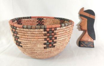 Vintage Native American Woven Basket Hand Carved Chief