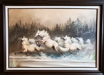 Signed Framed Oil Painting- Charging Horses