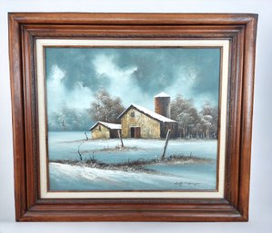 Everett Woodson Oil On Canvas Barn Scene Large Framed Decorative Art Painting