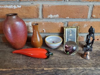 Lot Of Nick Knacks- Glass Pepper, Copper Vase, Glass Flower Paper Weight, Hand Painted Bowls, Iron Figure