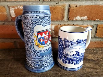 Ceramic German Beer Stein And Delft Blue Hand Painted Mug