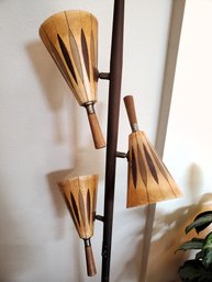 Atomic Era MCM Floor Lamp With Fiberglass Shades Wood Handles