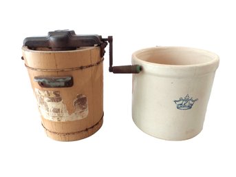 Antique Ice Cream Maker Blue Crown Stoneware Crock