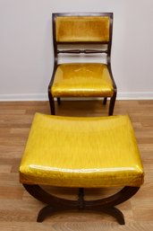CHAIR & OTTOMAN - GOLD MUSTARD- VELOUR MATERIAL - WOOD BASES - GOOD CONDITION - ITEM#39 BSMT