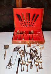 SILVER PLATED UTENSILS - SPOONS - KNIVES - ICE CUBE HOLDERS - WOOD CASE - GRAPE SCISSORS - ITEM#139 LVRM
