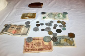 VINTAGE FOREIGN MONEY AND COINS - ASSORTED COUNTRIES - SOME MAY BE SILVER - ITEM#151 BOX
